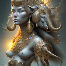 ssango fantasy, fantasy magic, intricate, sharp focus, illustration, highly detailed, digital painting, concept art, matte, artgerm and paul lewin and kehinde wiley, masterpiece silver elephant head bronze Asian African girl nice breast Afo hair turquoise sun rain waves