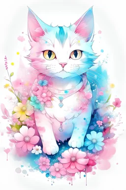 A hyper detailed illustration of a print of a fcolorful full body cute cat, fantasy flowers splash, vintage t-shirt design, in the style of Studio Ghibli, light white and pink pastel tetradic colors, 3D vector art, cute and quirky, fantasy art, watercolor effect, bokeh, Adobe Illustrator, hand-drawn, digital painting, low-poly, soft lighting, bird's-eye view, isometric style, retro aesthetic, focused on the character, 4K resolution, photorealistic rendering, using Cinema 4D, cinematic, 4k,