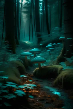 forest trail, teal mushrooms, dusk by a lake