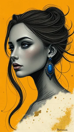 Here is the exact prompt to recreate this picture: **Master Prompt - Copy / Paste:** **For Midjourney / Flux / Leonardo:** **Negative Prompt (to avoid extra elements):** **Colors / Textures / Lighting breakdown:** - **Colors:** Deep ochre gold #C99A3F background, slate grey skin, deep lapis blue #2E5A9B earrings, dark brown hair - **Textures:** Graphite pencil hatching, textured kraft paper, metallic gold leaf flakes, wispy hair strands - **Lighting:** Soft diffused ethereal top light, gentle s