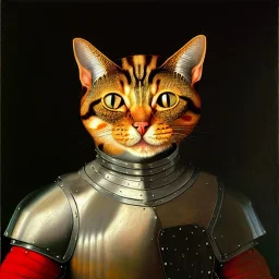 oil painting of a beautiful symmetrical cat with armor, XV century, by El Bosco, Leonardo da Vinci, Goya 8k