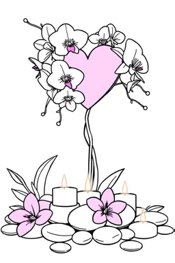 outline art for visually rich appealing tall ikebana heart orchids plumeria spa rounded stones around candles, coloring page for kids, white background, fit to page, only use outline, clean line art, no shadows, clear and well outlined