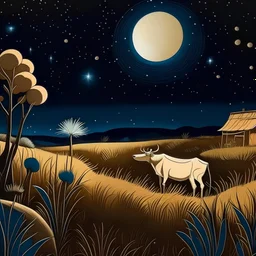 La llanura pampeana durante la noche, una vaca descansa bajo la luna llena y brillantes luciernagas volando sobre los yuyos al estilo pablo picasso plano corto