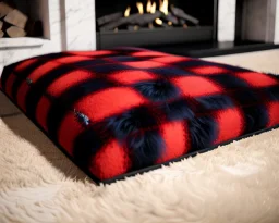 Red plaid slipper on a fur rug by fireplace