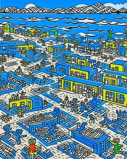 A blue town near a beach painted by Keith Haring