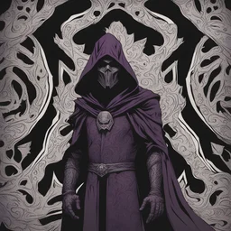 warlock, black mask with ash purple patterns, black robe with ash purple patterns, dark, ominous, ash purple