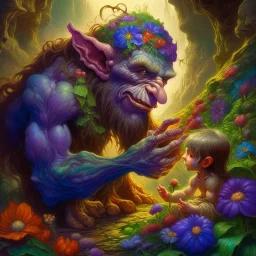 Kindness is everwhere Created in Remix: A grand Pre-Raphaelite style painting with intricate details, rendered in stunning 8k resolution. In the center, a colossal troll tenderly presents a delicate pansy on his fingertip to a young boy, capturing a moment of unexpected tenderness in a mythical world. Rich colors, intricate brush strokes, and emotional expressions elevate the scene to a masterful work of art.