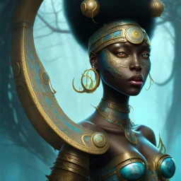 sango fantasy, fantasy magic, intricate, sharp focus, illustration, highly detailed, digital painting, concept art, matte, masterpiece head sexy view black African beauty black afro hair space lady turquoise tiger skin Fiji princess facing forward