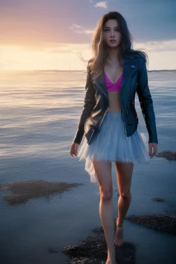 half body shot,realistic portrait of a 20-25 old caucasian model, long blue pink flowing hair, great grey eyes, blue leather jacket,full body, short white skirt,long legs,standing at beach of very nive lake with sunset ,clouds,godrayes