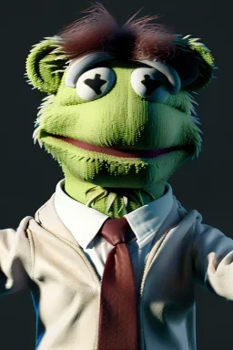 Realistic image, hybrid formed by muppet head and human body, Shirt and tie, concept art, smooth, unreal engine 5, god lights, ray tracing, RTX, lumen lighting, ultra detail, volumetric lighting, 3d, finely drawn, high definition, 4k.