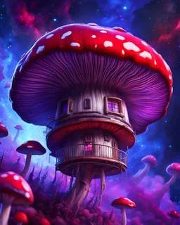 A floating island mushroom house in space. blue purple red cosmic, deep space nebulas. Detailed gloss Painting, bright color, fantastical, intricate detail, splash screen, hyperdetailed, insane depth, concept art, 8k resolution, trending on Artstation, Unreal Engine 5, color depth, backlit, splash art, dramatic, High Quality Whimsical Fun Imaginative, good composition