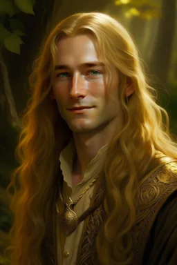 A young serene Lord Of The Rings like man with long golden hair that cascades gracefully. His open eyes, with blind pupils, reflect a depth of wisdom and inner peace. A gentle smile graces his face, adding warmth to his tranquil demeanor.