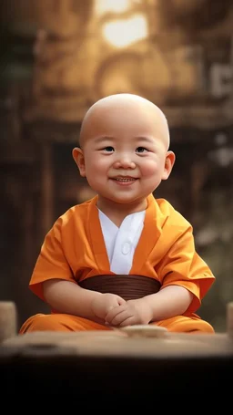 A 3-year-old monk boy with round cheeks, sitting, looking at the camera, monk costume, cute and cute, masterpiece, high quality, highly detailed.