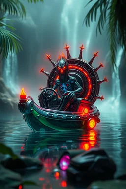 close up on sci fi neon charged action figure of a necrophyte electric eel necromancer on round swamp transparent glass obcidian boat with living motor beholder eye wheel throne in a charged foggy jungle starry waterfall, blur background to make character pop out