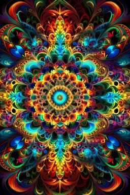 Fractal-style digital artwork showcasing a hypnotic and intricate kaleidoscope of vibrant colors and geometric patterns, evolving and expanding with every layer. The composition radiates a mesmerizing energy, with fractal shapes seamlessly blending into each other, creating a sense of infinite complexity. The artist utilizes vivid hues and intricate details to create a visually striking and immersive experience. The image is created using digital software to replicate the intricate and self-simi