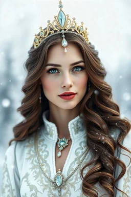 Photoreal ethereal gorgeous artic queen with light skin, brown long wavy hair. Round Ukrainian face. Green eyes, almond shaped. Royal look in eyes. Red full lips. white elegant queen dress with light blue and gold accents snowy . landscape snowing. . masterpiece smooth shading, ultra detailed, high resolution, cinematic, 8k, cinema 4d, HDR, dust effect, vivid colors. Gold crown on head & light blue jewels. One jewel hanging from crown