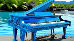 A blue water piano designed in Hawaiian tikis