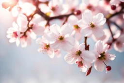 fantastic light pin white background with four bunches of cherry blossoms on blurred background