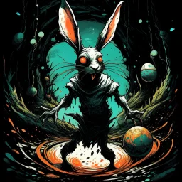 dramatic fantastical color ink illustration, double exposure sinister face of an anthropomorphic ghostly fanged monster Bunny layered over cultists in ill-fitting tattered floppy-eared bunny onesie costumes dancing around a magical shining black egg cracking with dark energy, levitation, swamp at midnight, "Pan's Labyrinth" aesthetic, complex contrast, dynamic composition, sinister, unsettling, photo layering, masterpiece, scary, weird