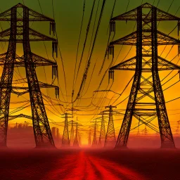 "Visual Necromancy" by Boris Groh art, lurking thin gaunt towering giants in far background of power line structures at dusk, hypersurreal, surreal by Boris Groh, trending on DeviantArt, oil matte painting, crimson - black - jaundice yellow color scheme, sinister, nightmare dream art