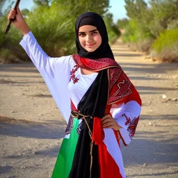 A very beautiful girl carrying a large Palestinian flag in her hands and waving it while wearing a keffiyeh and an embroidered Palestinian dress.