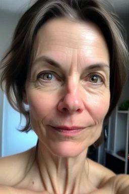 A selfie of a brunette woman, middle short hair taken after massage at spa salon. showing a 47-year-old European woman. She has white skin, tousled brown hair, face without makeup, big round brown eyes, cute profiled nose, detailed full lips, skin texture.