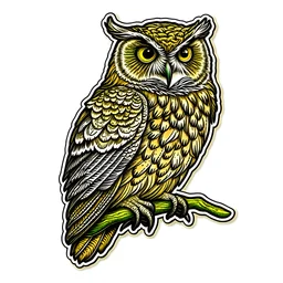 An intricately detailed owl perched on a branch, with its piercing eyes and feathers showcased in rich earthy tones sticker on white background.