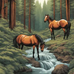 Ilustración estilo cómic de un bosque con río y tres caballos cálida ultra hiperdetallado