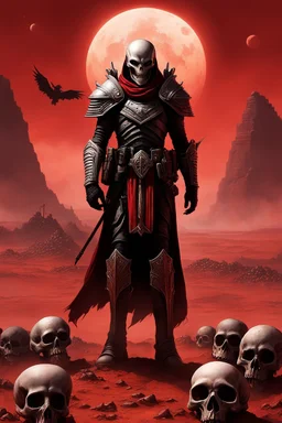 In the alien landscape of Mars, the hero stands atop a towering mound of skulls, a grim testament to the battles fought and lives lost in this desolate realm. The red soil beneath his boots whispers tales of ancient conflicts, as the crimson sky above casts an eerie glow on the macabre scene. With each step he takes, the hero's presence radiates an aura of power and determination, a lone figure standing defiant against the harshness of the Martian wasteland.