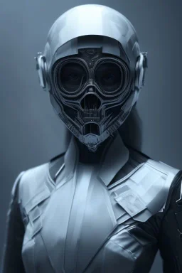 All Black suit AnnaSophia Robb soldier, portrait, ghost mask, wearing high tech mask, white smoke, dark, rage, sorrow, high definition, ultra 8 k, volumetric lighting, blue fire, fog