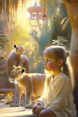 Potrait of life in disney animal kingdom.,peaceful atmosphere, generasi tle morning light, soft pastel color