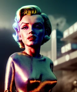 Ultra Realistic retro sci-fi 1960 scene, waist up view portrait, blonde woman, sweet young Marilyn Monroe face, perfect iris, tight latex coat, alien planet background, tight style, steel sphere dron levitating, fog, rain, soft color, highly detailed, unreal engine 5, ray tracing, RTX, lumen lighting, ultra detail, volumetric lighting, 3d, finely drawn, high definition, high resolution.