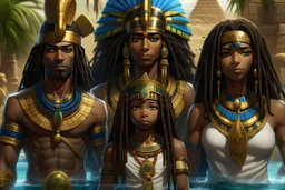 potrait of black african osiris and horus in ancient atlantis Egyptian pyramid of giza in the center of a lush maze garden of eden surrounded by a band of water that flows in The four rivers of Eden, this garden is a magical oasis surrounded by a vast and golden desert, Hyper Detailed Face, Photorealistic, Intricately Detailed, Oil Painting, Heavy Strokes, By Jean Baptiste Monge, By Karol Bak, By Carne Griffiths, Masterpiece, Unreal Engine 3D; Symbolism, Colourful, Polished, Complex; U