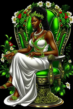 Create a digital airbrush cartoon of a curvy African American female sitting sideways on a queen throne. She is wearing a white shiny gown with white heels. Prominent make up with brown eyes. Highly detailed black and off-white braids in her hair. The braids are flowing all directions with a crown on her head. Background of green, black and red flowers surrounding her