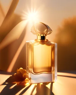 generate me an aesthetic photo of perfumes for Sun-kissed Serenity: Capture the essence of tranquility with a perfume bottle bathed in golden sunlight.