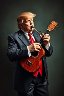 Trump playing the musical trump instrument , elan musk standing in the back with ukulele. traditional si, studio photograph, very aesthetic, highly detailed, brilliant composition, hyper realistic, photorealistic, subsurface scattering matt painting