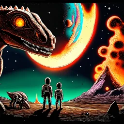 two sad characters gazing out of a spaceship window at a cratered burning close up 3d planet. On the left an thin alien with very pointy shape head and with x-shaped mouth, and on the right a bigg stronger dinosaur-like creature with big head sharp teeth. The background displays a dark space scattered with distant stars and three small explosions occurring on the planet's surface, adding a dramatic sense of action to the scene. realistic, detailed, cinematic, sci-fi