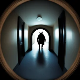 a demon waits in the corridor [A scene viewed through a door peephole, circular fisheye lens distortion, soft dark vignette around edges, slightly warped perspective, as if looking through a small aperture]