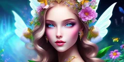 bright fairy, beautiful portrait, flowery landscape