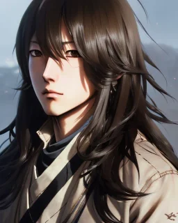 Detailed sad male anime boy with long brown hair, intricate details, full body portrait, keep head in frame, slight, black Japanese motif, concept art, highly detailed, digital painting, concept art, sharp focus, illustration, art by Yoji Shinkawa, WLOP and greg rutkowski and alphonse mucha and artgerm and yanjun Chen and Junji ito and Makoto Shinkai, HDR, octane render