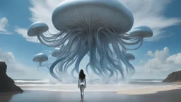 Wide-angle shot of a woman, standing to one side on a beach with huge waves, with dark hair in a silver robotic catsuit, many large blue jellyfish shaped like mushrooms with tentacles floating high up in the air, masterpiece, best quality, super detailed