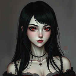 a pretty girl, 14 years old, black hair, vampire, red eyes, realism, stylised, serana, fantasy, mystery