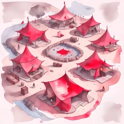 dnd, fantasy, top-down map, map of a large camp, demonic wastes, red, black sand, tents, illustration, watercolour