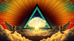 a nuclear explosion cloud(middle) framed from behind by a triangle of stained glass surrounded by radiant lines from the center, the wind and smoke from the explosion forming shapes of attractive dancing women with small angel wings(left and right foreground) like cherubs in the clouds, religiose art, angelic light