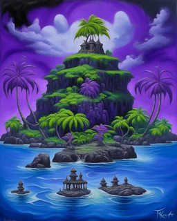 A purple South American island with a jungle designed in Hawaiian tiki statues painted by Mark Rothko
