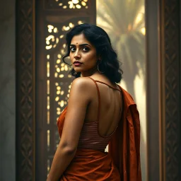 A divine South Asian woman stands in quiet grace, draped in a designer saree of earthy clay tones, evoking the warmth of Bengal soil. Her modern blouse features a deep back cut and minimalist straps, blending tradition with contemporary elegance. Her teary eyes shimmer with emotion, her serene face framed by soft curls and a subtle bindi. Behind her, a carved wooden door with intricate floral and geometric patterns glows in the misty golden light of Diwali. A tall palm tree looms through the fog