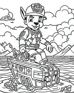 outline art for Paw Patrol Zuma On Water Craft coloring page, Japanese manga style, cartoon style, cute face, white background sketch style, full body is a must, only use outline, clean line art, no shadow, bold outline