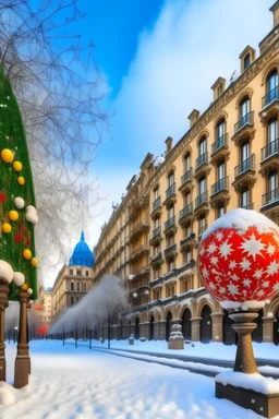 downtown Barcelona covered in snow and Christmas ornaments painted by da vinci