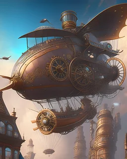 A steampunk-inspired airship, soaring through the skies above a bustling Victorian-era city, with intricately detailed gears, cogs, and machinery powering its flight. The scene is rich with imaginative elements and a sense of adventure, blending historical and fantastical design elements. 8K resolution, dynamic colors, and exceptional attention to detail create a captivating image.