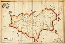 an old and weathered map of an inland section, no words, with latitude and longitude lined